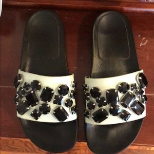 Loeffler Randal Aqua Blue Jeweled Slippers Size 7
